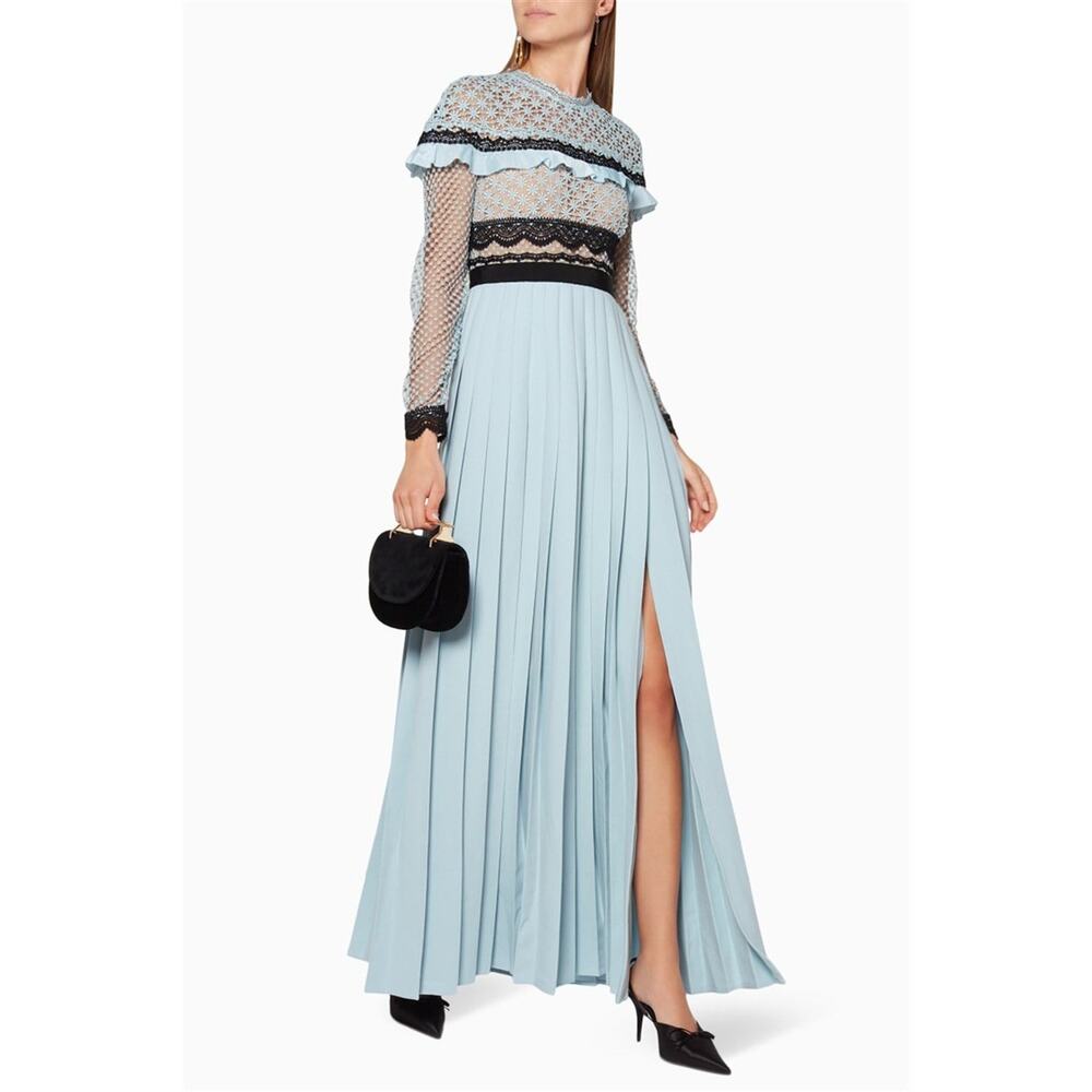 Sz Sm SELF-PORTRAIT Light Blue Black Bellis Crochet Ruffle Pleated  Maxi Dress